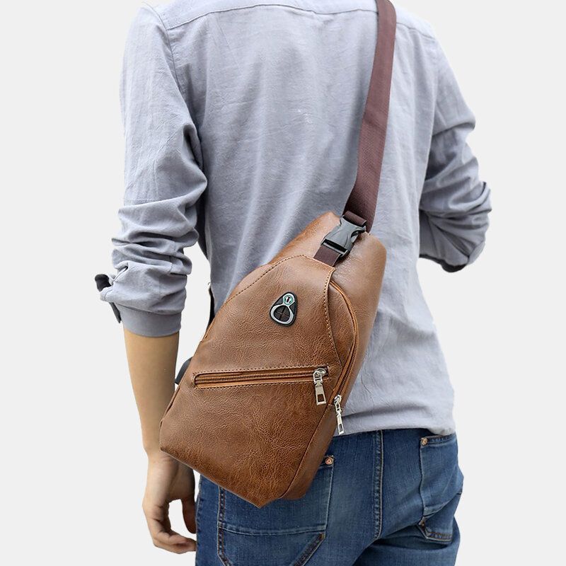 Bolso De Pecho De Negocios Retro De Cuero Pu Para Hombres Con Carga Usb Bolso De Hombro De Cuero Para Jóvenes Bolso Cruzado