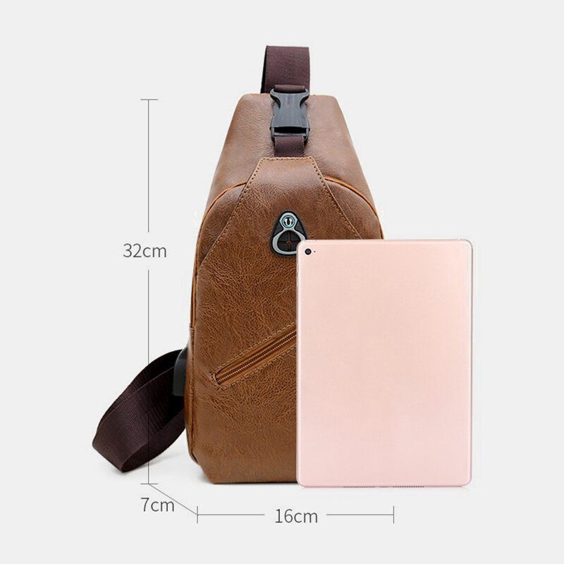 Bolso De Pecho De Negocios Retro De Cuero Pu Para Hombres Con Carga Usb Bolso De Hombro De Cuero Para Jóvenes Bolso Cruzado