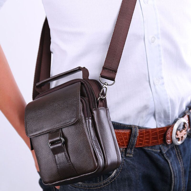 Bolso Retro Multibolsillos De Cuero Genuino Para Hombre Bolso De Cintura Informal Bolso Cruzado