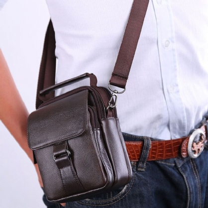 Bolso Retro Multibolsillos De Cuero Genuino Para Hombre Bolso De Cintura Informal Bolso Cruzado