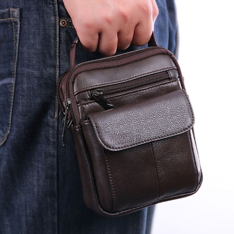 Bolso Retro Multibolsillos De Cuero Genuino Para Hombre Bolso De Cintura Informal Bolso Cruzado