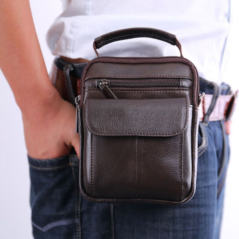 Bolso Retro Multibolsillos De Cuero Genuino Para Hombre Bolso De Cintura Informal Bolso Cruzado