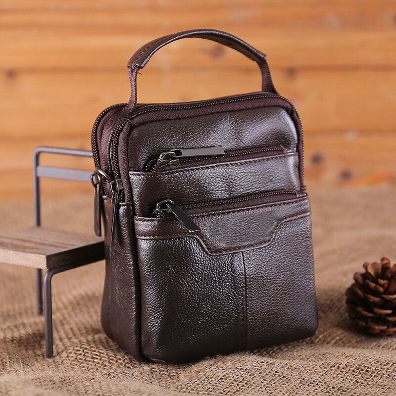 Bolso Retro Multibolsillos De Cuero Genuino Para Hombre Bolso De Cintura Informal Bolso Cruzado