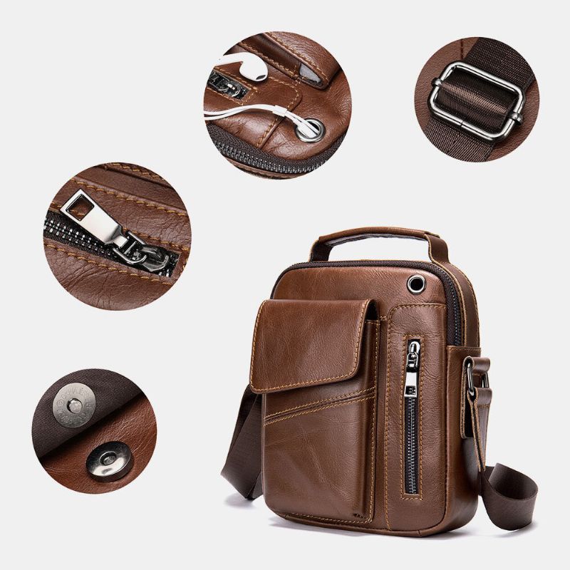 Bolsos Múltiples De Cuero Genuino Para Hombres Orificio Para Auriculares Bolsos Cruzados Impermeables Vintage Bolsos De Hombro