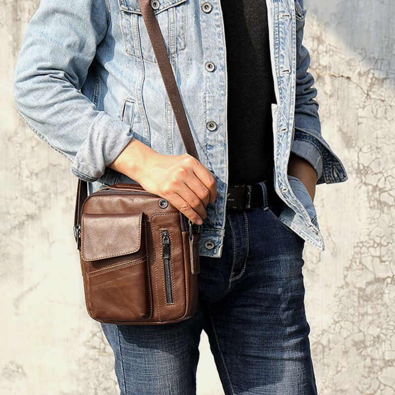 Bolsos Múltiples De Cuero Genuino Para Hombres Orificio Para Auriculares Bolsos Cruzados Impermeables Vintage Bolsos De Hombro