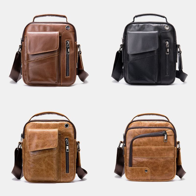 Bolsos Múltiples De Cuero Genuino Para Hombres Orificio Para Auriculares Bolsos Cruzados Impermeables Vintage Bolsos De Hombro