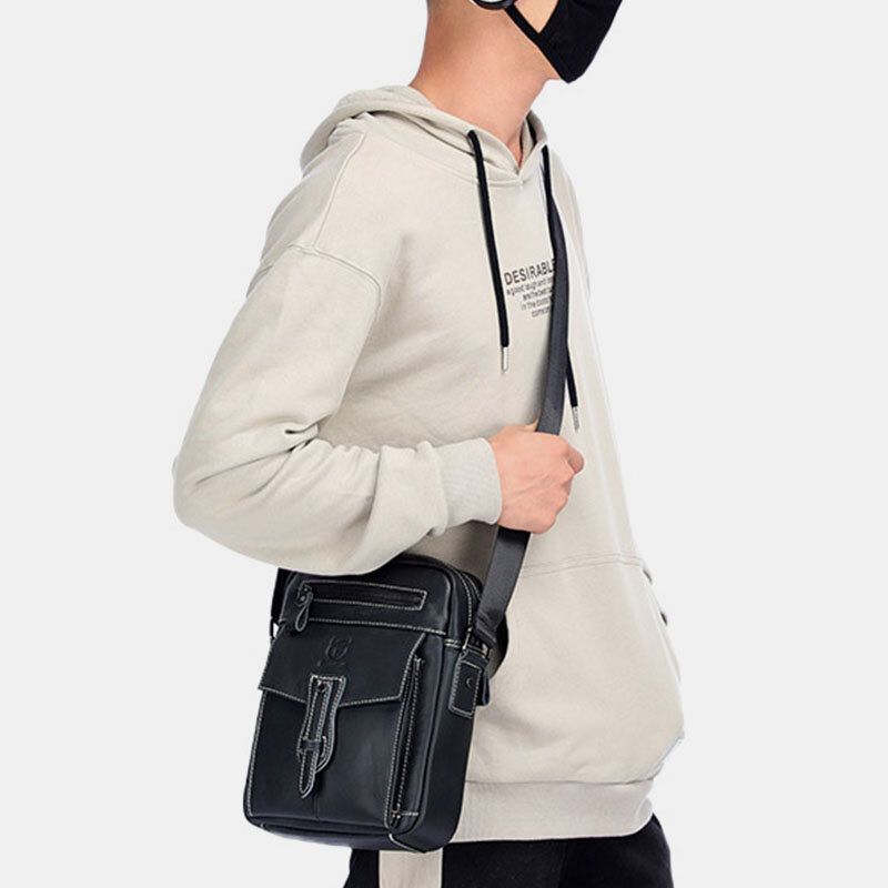 Bullcaptain Hombres Bolso Bandolera Antirrobo Multibolsillos De Cuero Genuino