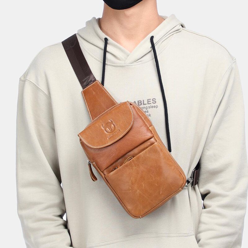 Bullcaptain Vintage Bolso De Pecho De Cuero Genuino Bolso De Hombro Para Hombres