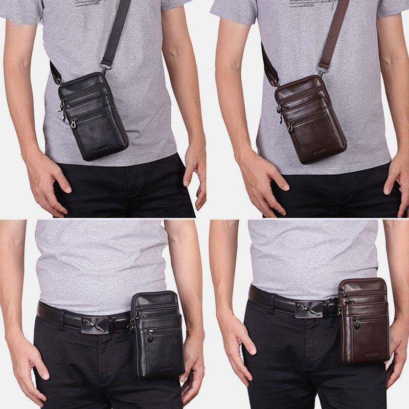 Hombres De Cuero Genuino 7 Pulgadas Bolsa De Teléfono Bolsa De Cintura Bolsa De Cinturón Bolsa De Hombro Bolsa De Bandolera