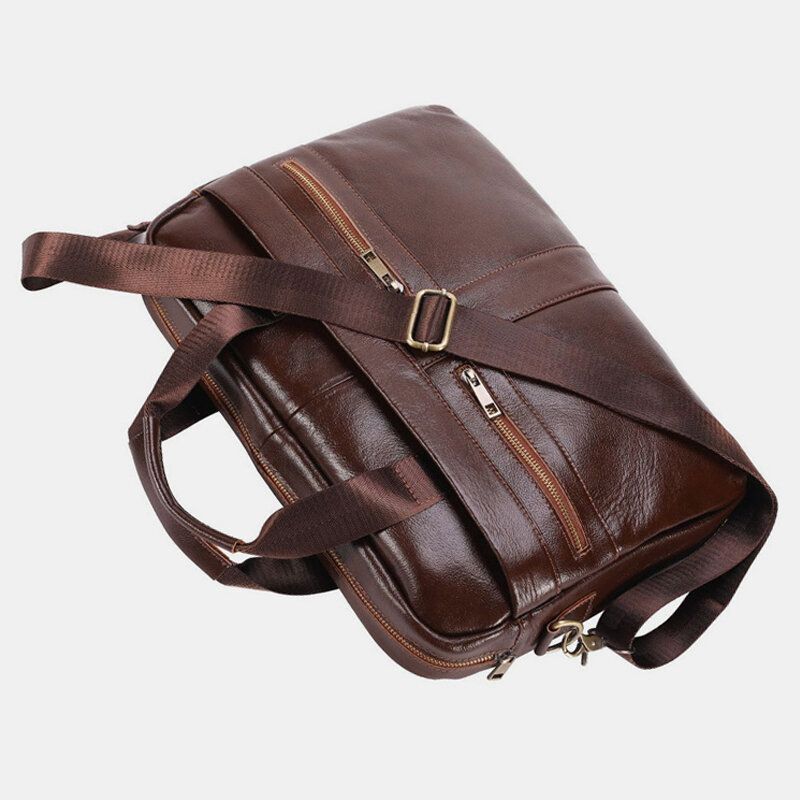 Hombres De Cuero Genuino Multibolsillos Vintage 14 Pulgadas Bolsa Para Computadora Portátil Bolsa De Hombreajero Bolsos Cruzados Bolso Bandolera Maletín