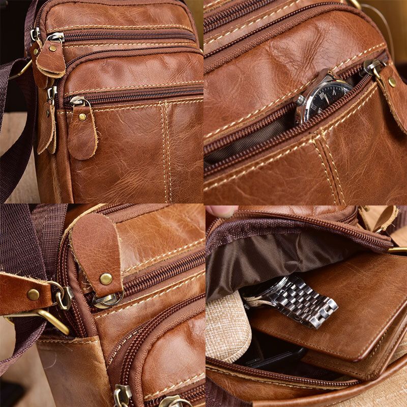 Hombres De Cuero Genuino Multibolsillos Vintage 6.3 Pulgadas Bolso Para Teléfono Bolsos Cruzados Bolso Bandolera Bolso