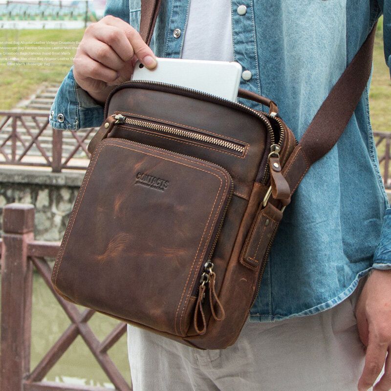 Hombres De Cuero Genuino Multifunción De Múltiples Bolsillos Vintage Maletines Messenger Bag Crossbody Bag Handbag