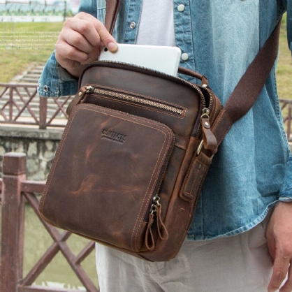 Hombres De Cuero Genuino Multifunción De Múltiples Bolsillos Vintage Maletines Messenger Bag Crossbody Bag Handbag