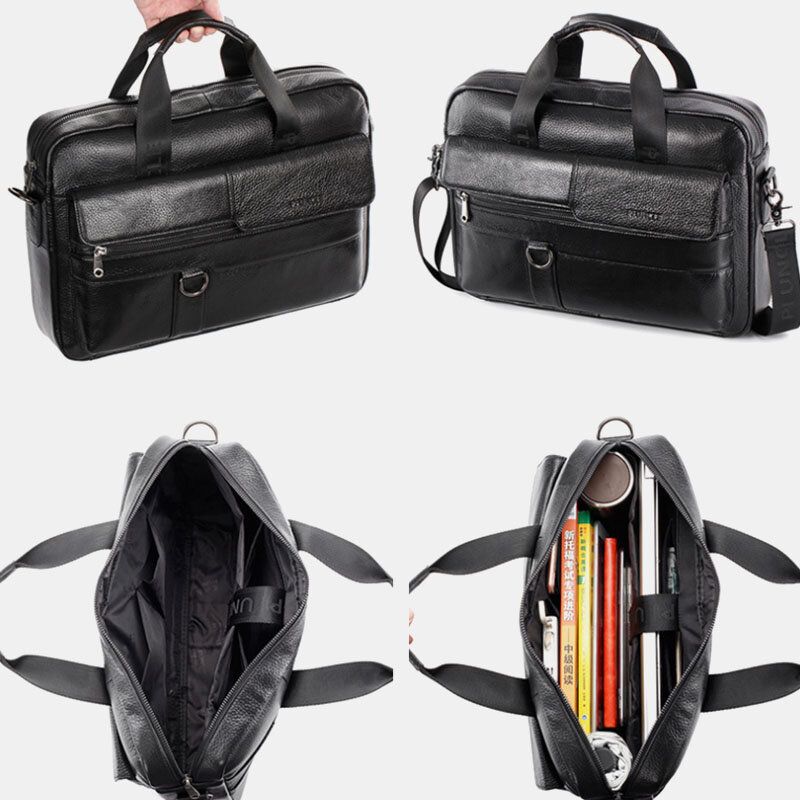 Hombres De Cuero Genuino Multifunción Retro Color Sólido Bolso De Gran Capacidad Bolso Bandolera Bolso Cruzado