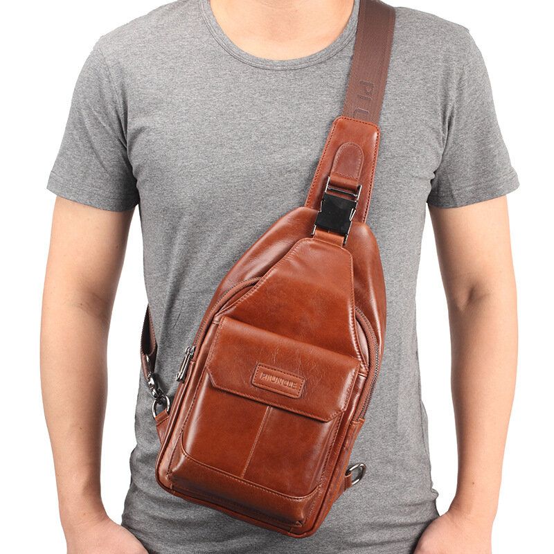 Hombres De Cuero Genuino New Vinatge Bolso De Pecho De Gran Capacidad Bolso Bandolera Bolso Bandolera