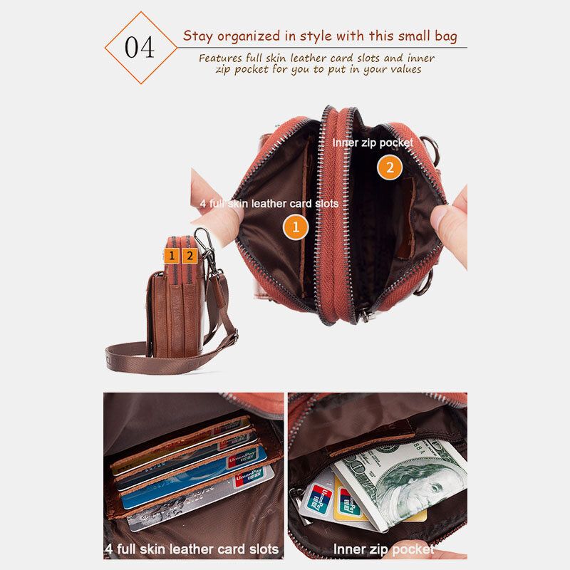 Hombres Cuero Genuino Piel De Vaca Multi-carry Retro 7.2 Pulgadas Teléfono Bandolera Bolso Colgante Cinturón Bolso Cintura