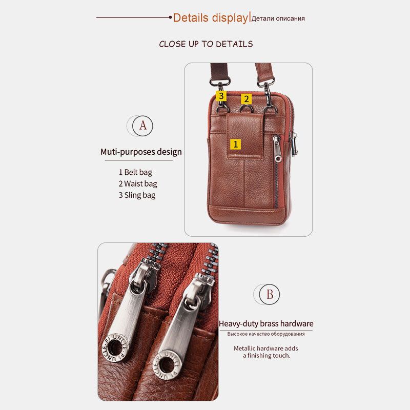 Hombres Cuero Genuino Piel De Vaca Multi-carry Retro 7.2 Pulgadas Teléfono Bandolera Bolso Colgante Cinturón Bolso Cintura