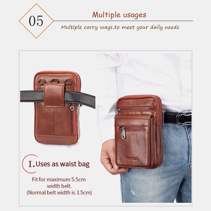 Hombres Cuero Genuino Piel De Vaca Multi-carry Retro 7.2 Pulgadas Teléfono Bandolera Bolso Colgante Cinturón Bolso Cintura