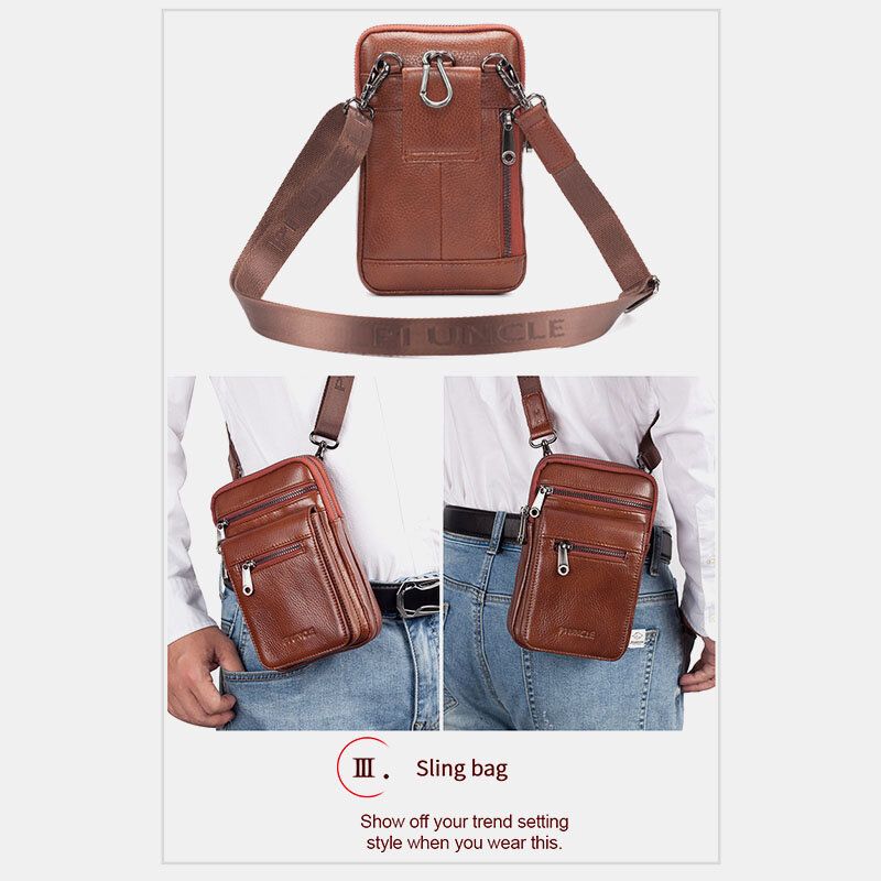 Hombres Cuero Genuino Piel De Vaca Multi-carry Retro 7.2 Pulgadas Teléfono Bandolera Bolso Colgante Cinturón Bolso Cintura