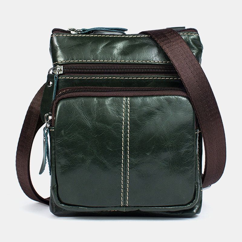 Hombres De Cuero Genuino Retro Business Color Sólido Cremallera De Cuero Bolso Bandolera Bolso De Hombro