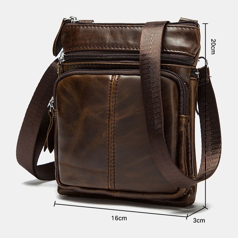 Hombres De Cuero Genuino Retro Business Color Sólido Cremallera De Cuero Bolso Bandolera Bolso De Hombro