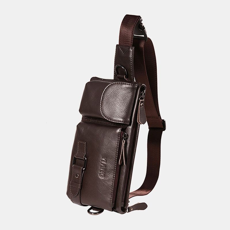 Hombres De Cuero Genuino Retro Multi-carry Bolsa Para Teléfono De 7 Pulgadas Bolsa Deportiva Para El Pecho Bolsa Cruzada Para El Cuerpo