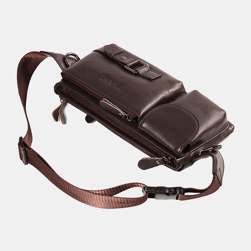 Hombres De Cuero Genuino Retro Multi-carry Bolsa Para Teléfono De 7 Pulgadas Bolsa Deportiva Para El Pecho Bolsa Cruzada Para El Cuerpo