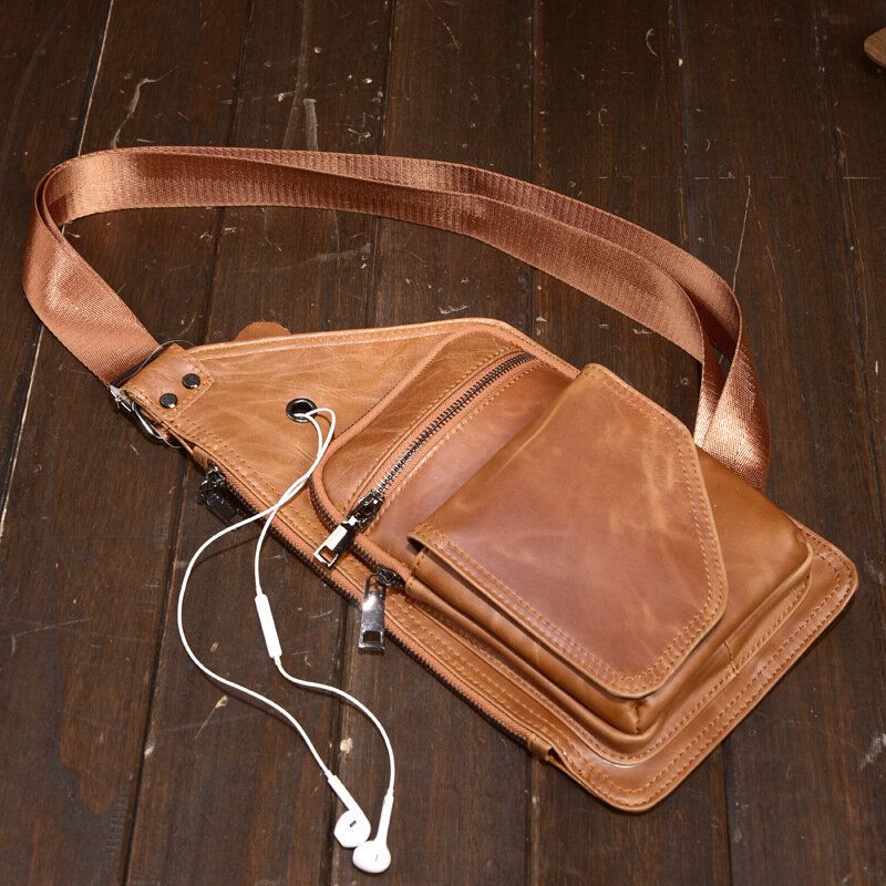 Hombres De Cuero Genuino Retro Multifunción Auricular Agujero Bandolera Bolsa De Pecho Bolsa De Honda