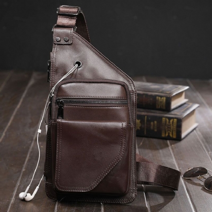 Hombres De Cuero Genuino Retro Multifunción Auricular Agujero Crossbody Bolsa Pecho Bolsa Sling Bag