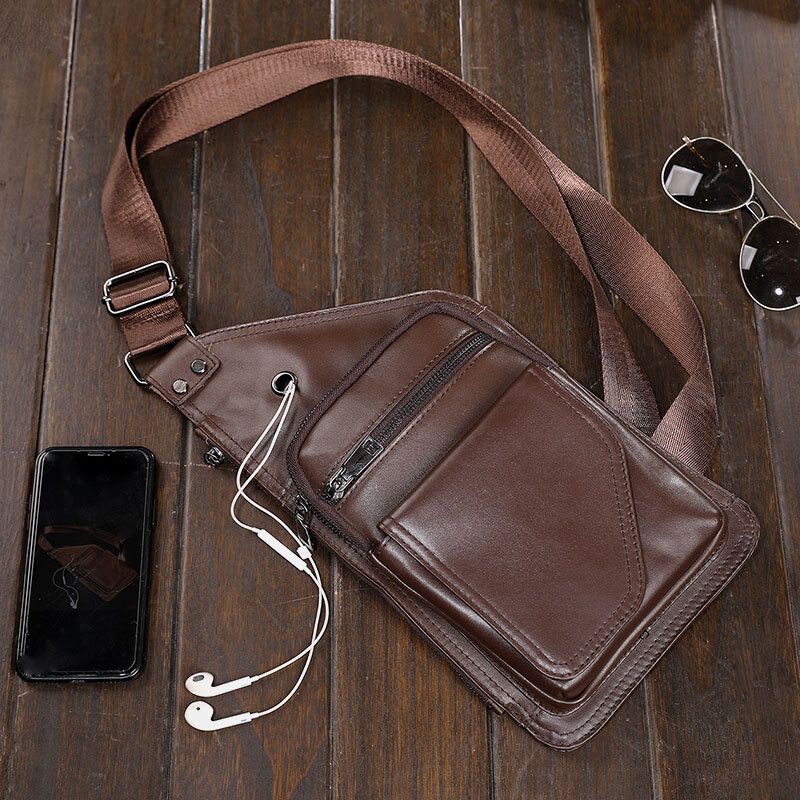 Hombres De Cuero Genuino Retro Multifunción Auricular Agujero Crossbody Bolsa Pecho Bolsa Sling Bag