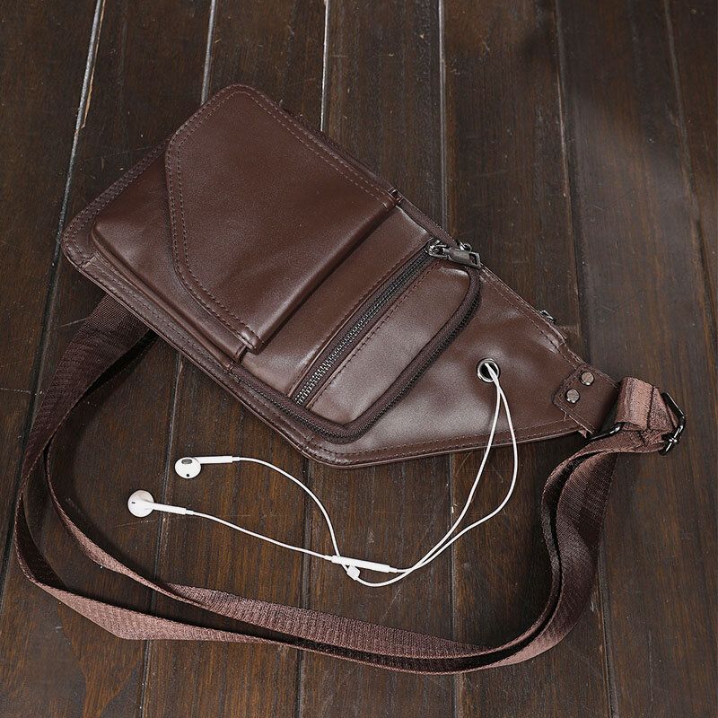 Hombres De Cuero Genuino Retro Multifunción Auricular Agujero Crossbody Bolsa Pecho Bolsa Sling Bag