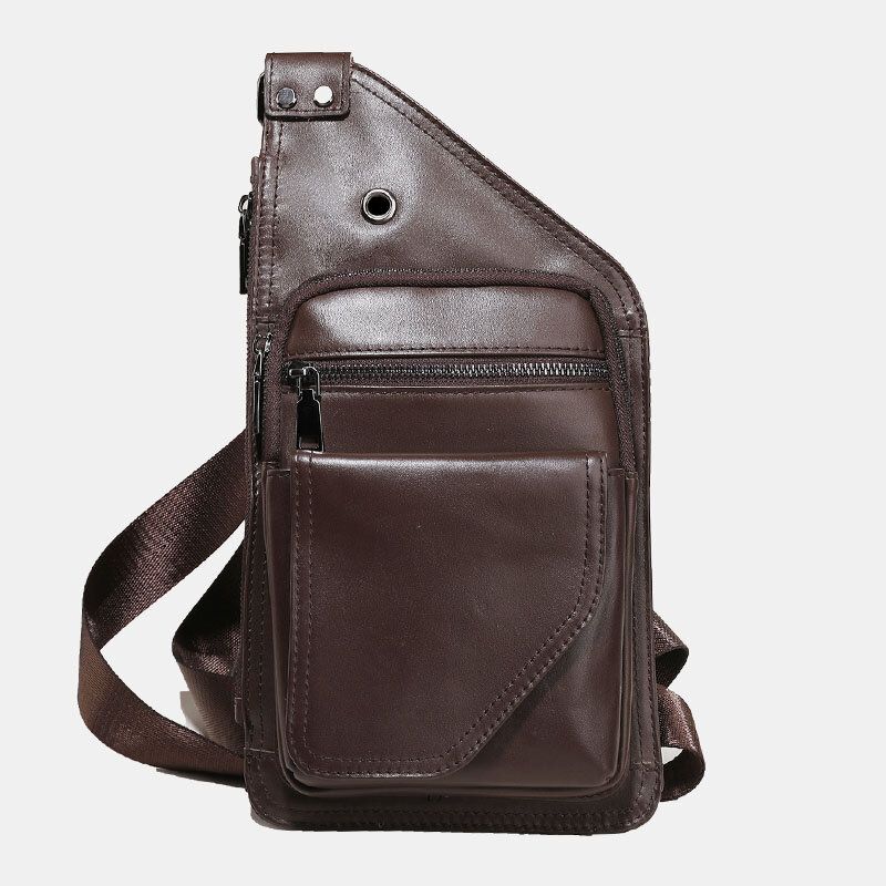 Hombres De Cuero Genuino Retro Multifunción Auricular Agujero Crossbody Bolsa Pecho Bolsa Sling Bag