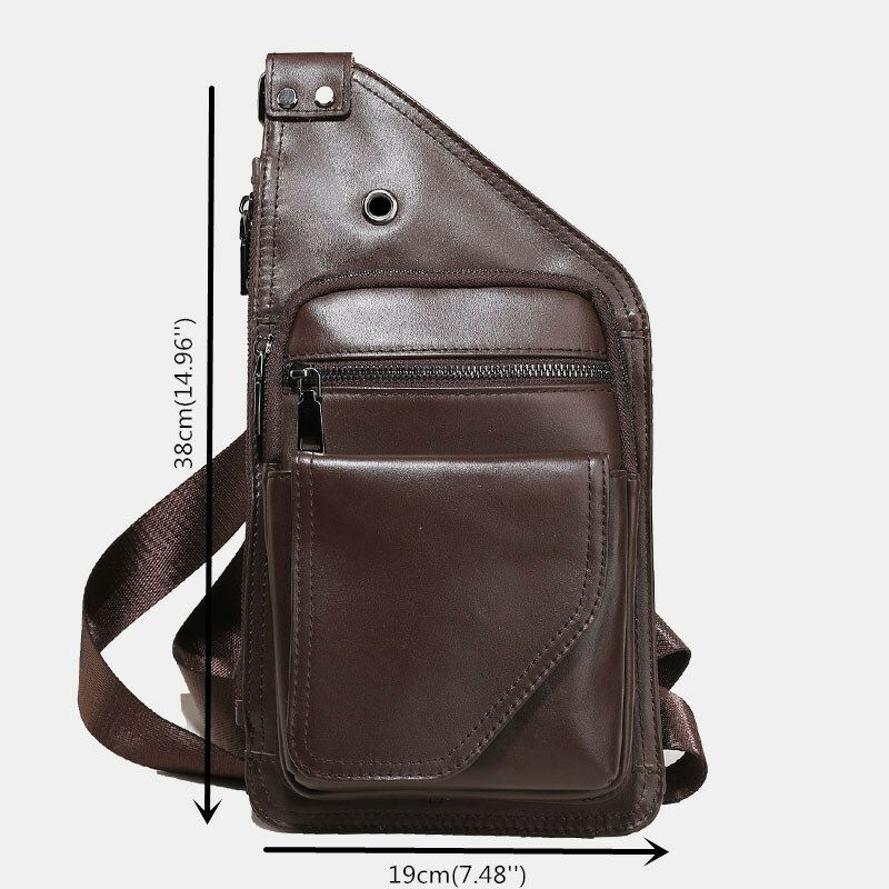 Hombres De Cuero Genuino Retro Multifunción Auricular Agujero Crossbody Bolsa Pecho Bolsa Sling Bag