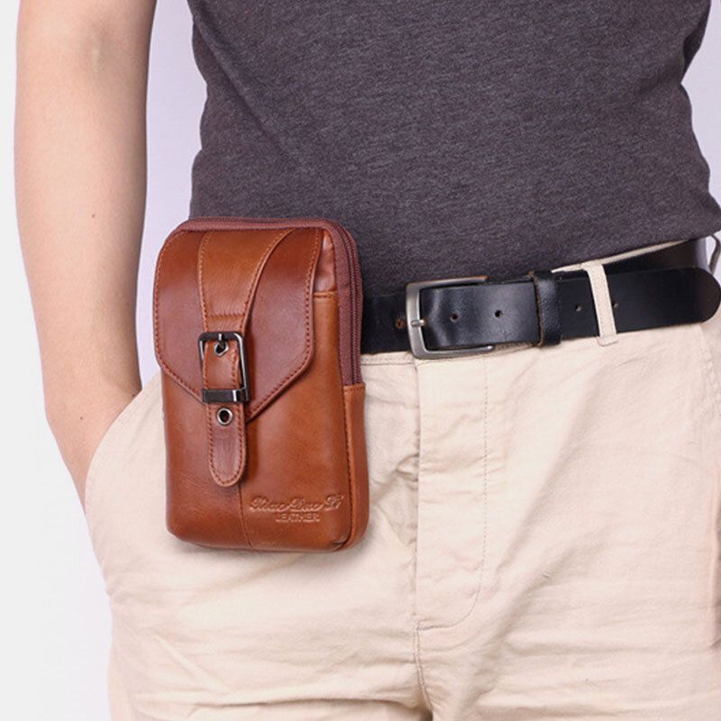 Hombres De Cuero Genuino Vintage Multifuncional 6.5 Pulgadas Mini Bolso De Teléfono Bolso Bandolera Bolso De Cintura Bolso De Piel De Vaca