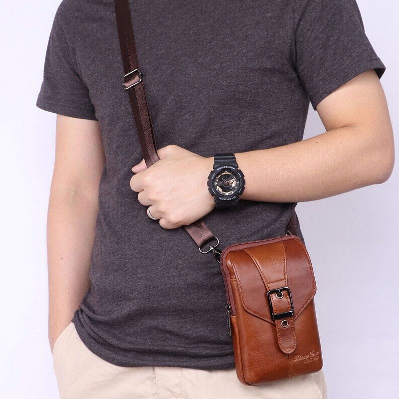 Hombres De Cuero Genuino Vintage Multifuncional 6.5 Pulgadas Mini Bolso De Teléfono Bolso Bandolera Bolso De Cintura Bolso De Piel De Vaca