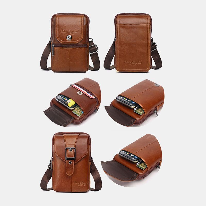 Hombres De Cuero Genuino Vintage Ranura Para Múltiples Tarjetas 6.5 Pulgadas Mini Bolso De Teléfono Bolso Bandolera Bolso De Cintura Bolso De Piel De Vaca