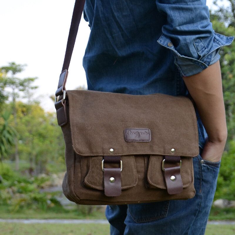 Hombres De Cuero Genuino Y Lona Retro Viajes Al Aire Libre Bolsa De Transporte Con Múltiples Bolsillos Bolso Bandolera