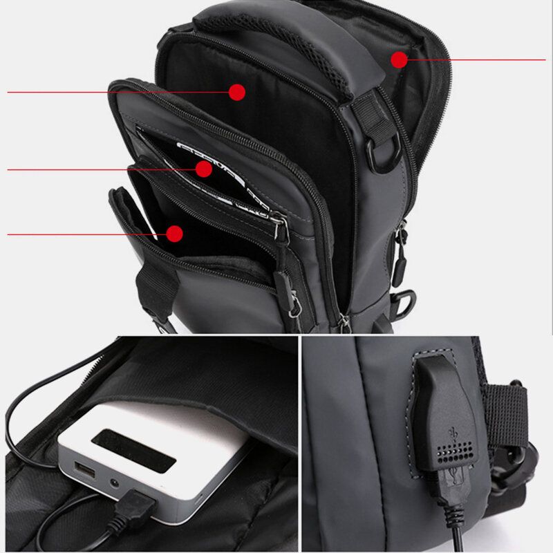 Hombres Impermeable Moda Ligero Oxfords Bolso De Pecho Bolso De Hombro Con Puerto De Carga Usb Para Exteriores