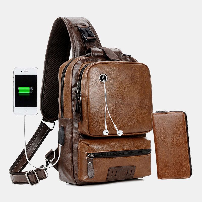 Hombres Pu Cuero Vintage Multifunción Auricular Agujero Carga Usb Bolso Bandolera Bolso En El Pecho Bolso Bandolera