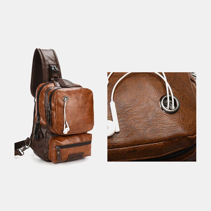 Hombres Pu Cuero Vintage Multifunción Auricular Agujero Carga Usb Bolso Bandolera Bolso En El Pecho Bolso Bandolera