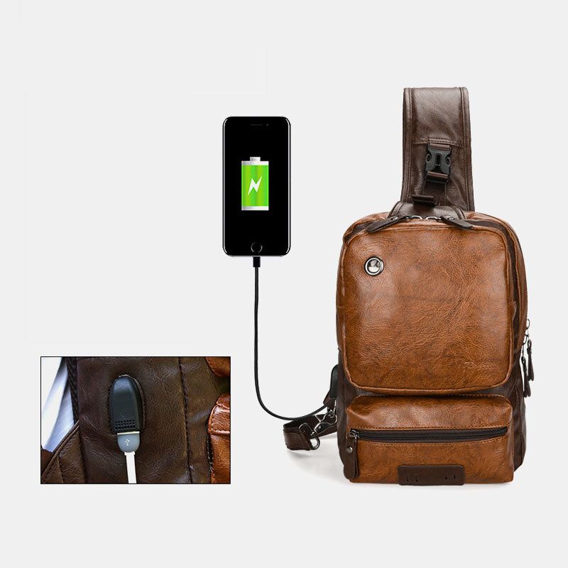 Hombres Pu Cuero Vintage Multifunción Auricular Agujero Carga Usb Bolso Bandolera Bolso En El Pecho Bolso Bandolera