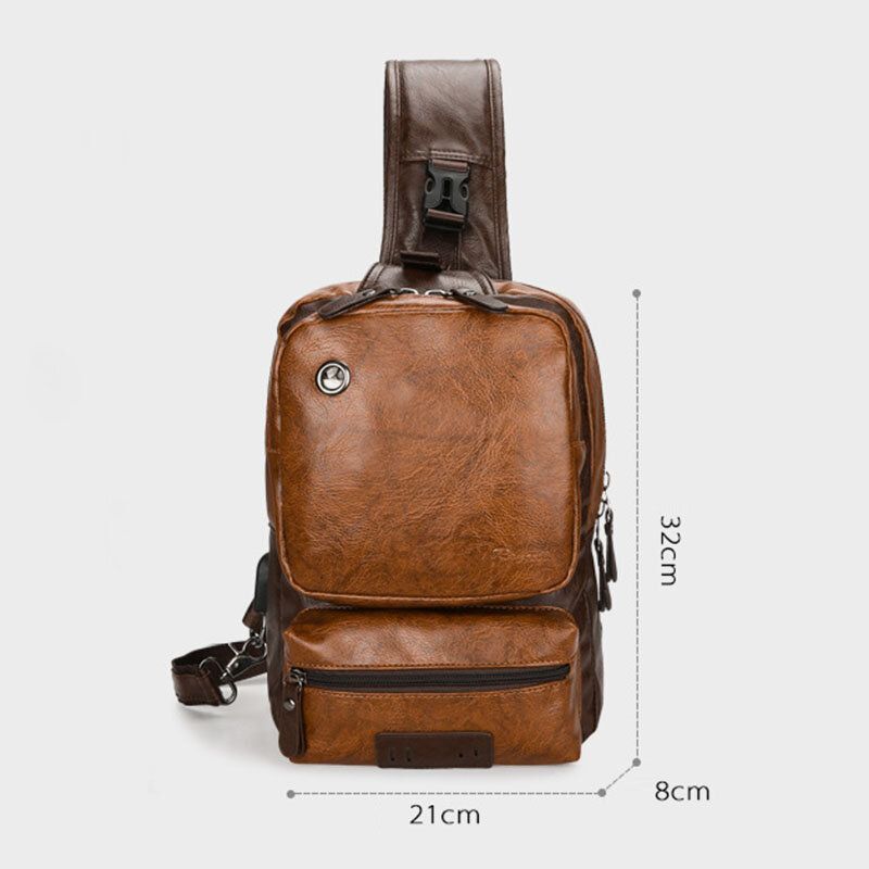 Hombres Pu Cuero Vintage Multifunción Auricular Agujero Carga Usb Bolso Bandolera Bolso En El Pecho Bolso Bandolera