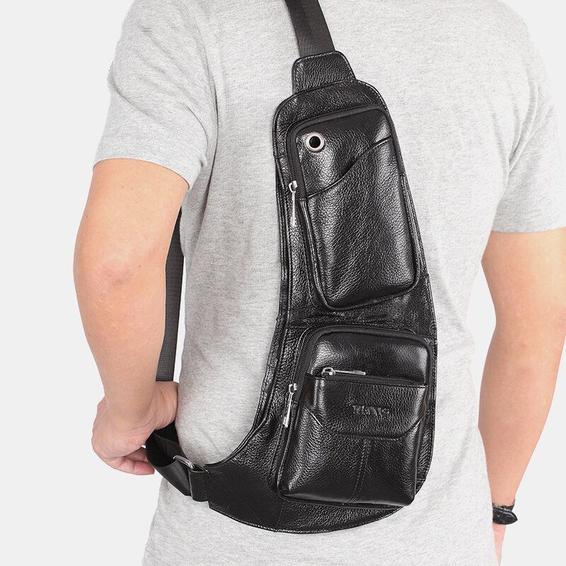 Hombres Sólido Cuero Genuino Enchufe Para Auriculares Bolso Bandolera Bolso En El Pecho Bolso Bandolera