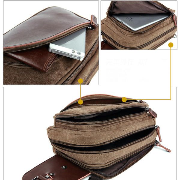 Lona Para Hombre Con Cuero Retro Bolso De Pecho Transpirable Bolso Bandolera Bolso De Viaje Informal