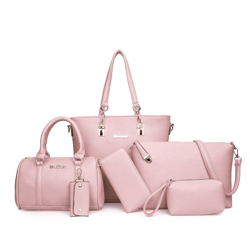 6pcs Bolso De Mano De Cuero De Imitación Liso Para Mujer Bolso De Mano Bolso De Mano Portatarjetas