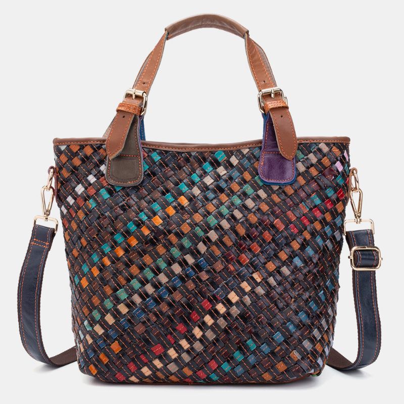 Bolso Bandolera Vintage Con Tejido De Cuero Genuino Para Mujer