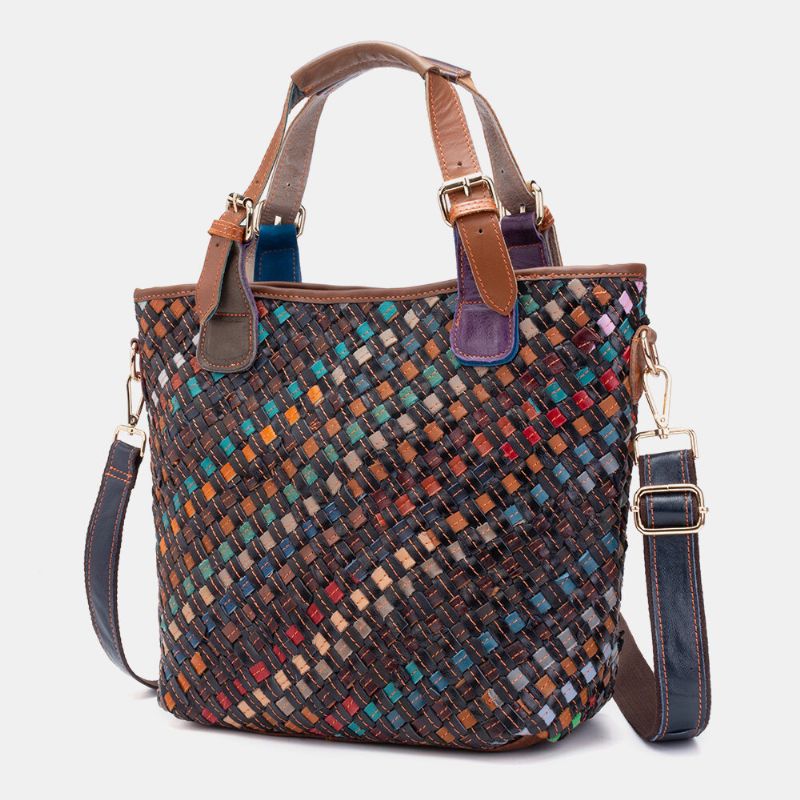 Bolso Bandolera Vintage Con Tejido De Cuero Genuino Para Mujer