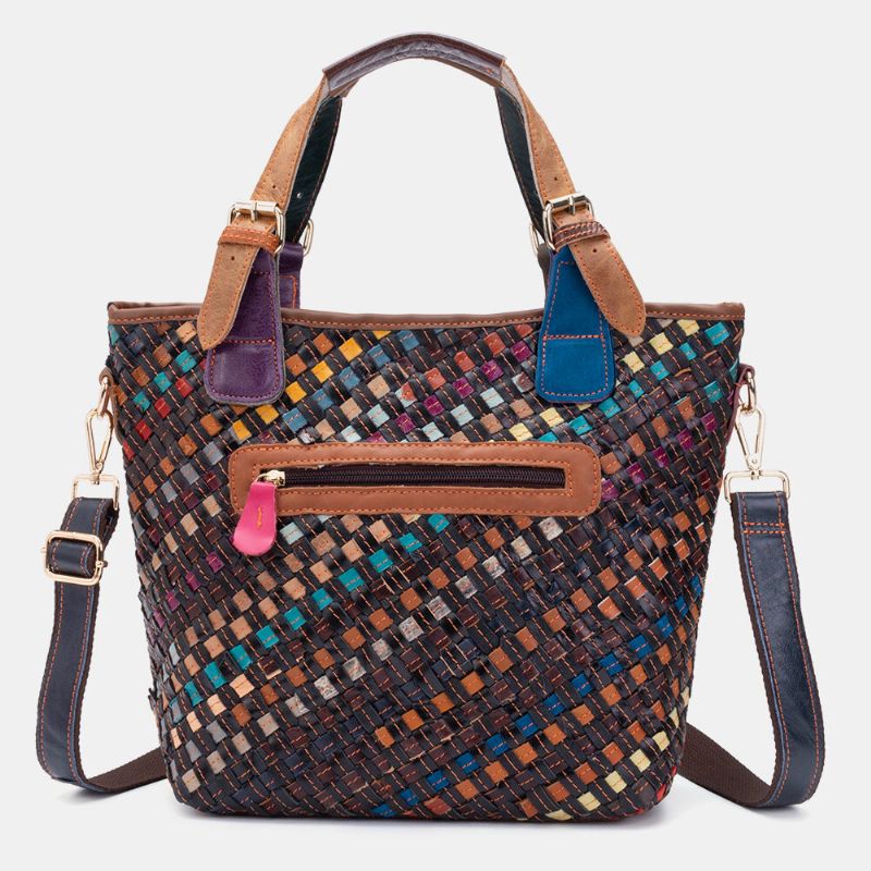 Bolso Bandolera Vintage Con Tejido De Cuero Genuino Para Mujer