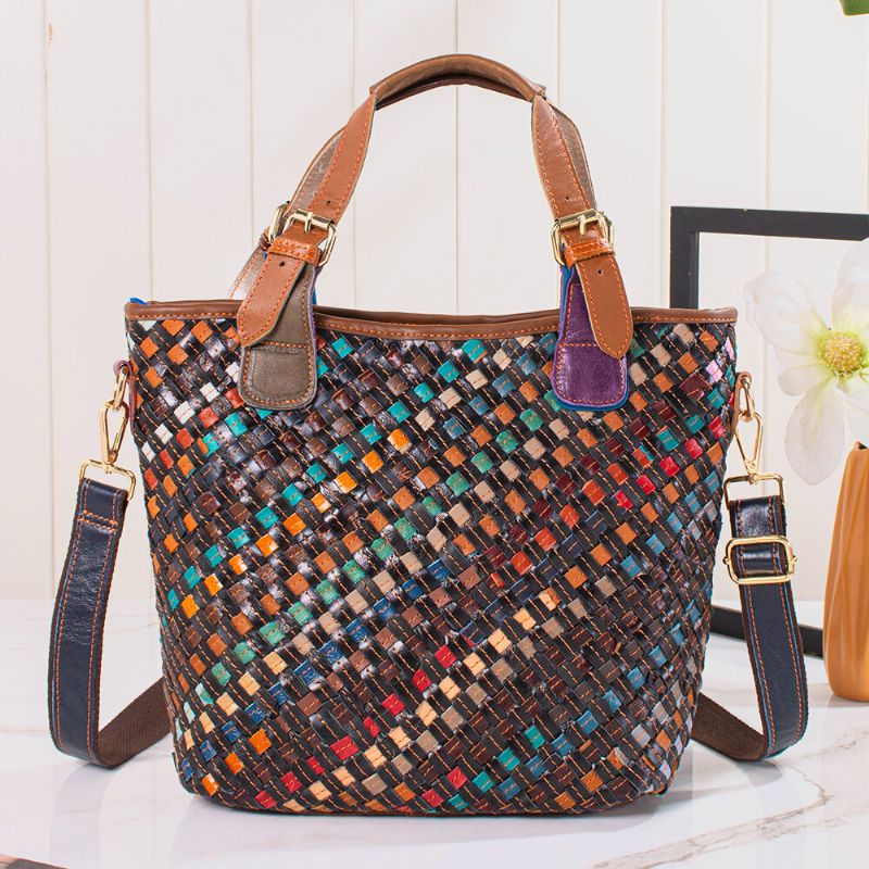 Bolso Bandolera Vintage Con Tejido De Cuero Genuino Para Mujer