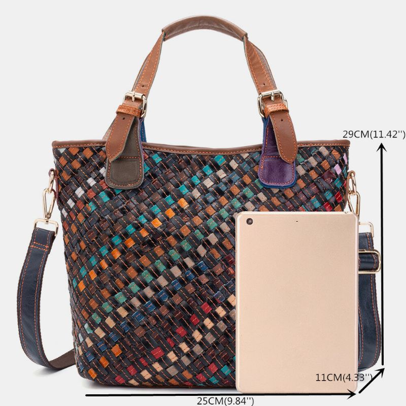 Bolso Bandolera Vintage Con Tejido De Cuero Genuino Para Mujer